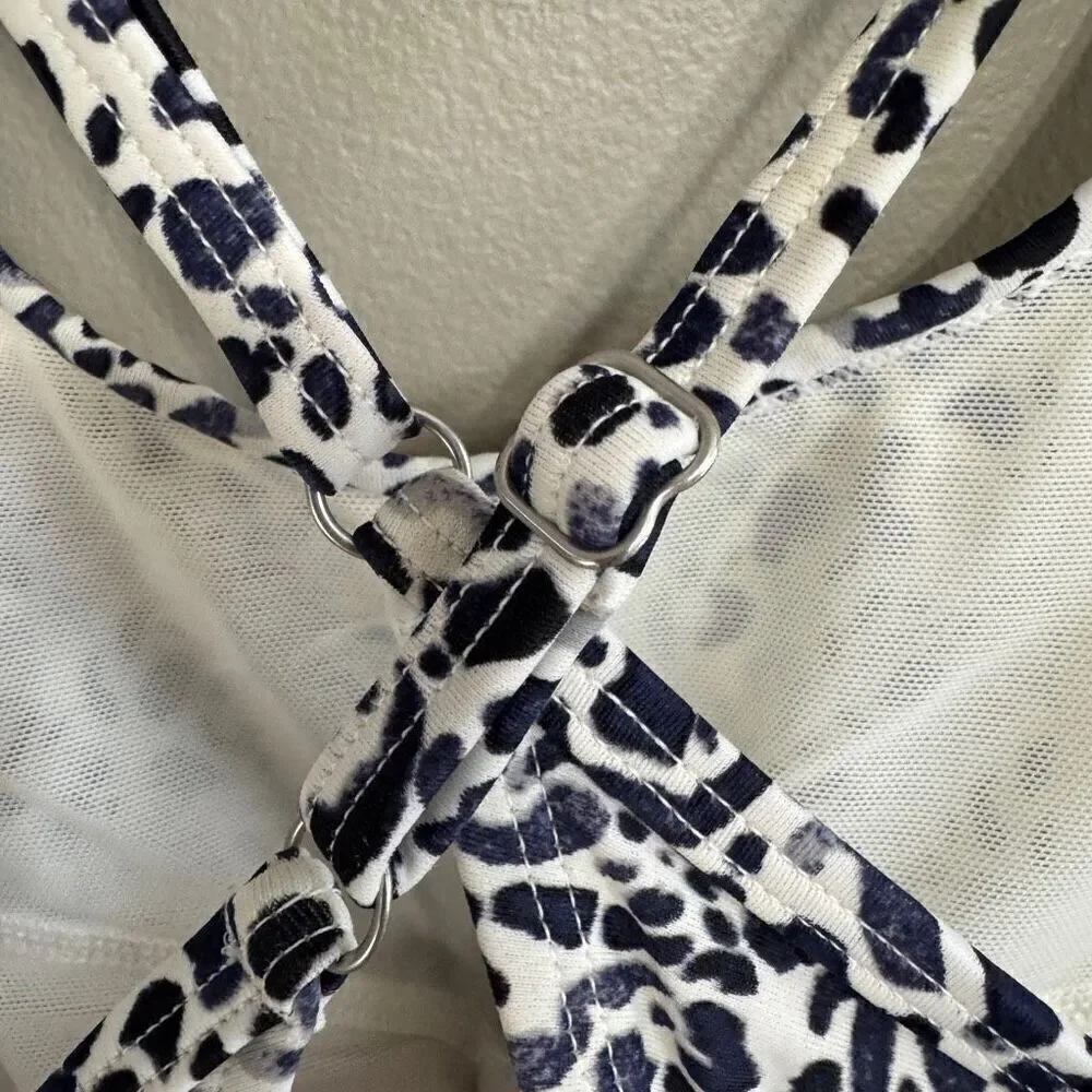 Athleta Zimbabwe Leopard Print High Neck Swim Top Black and White Size 38 B/C